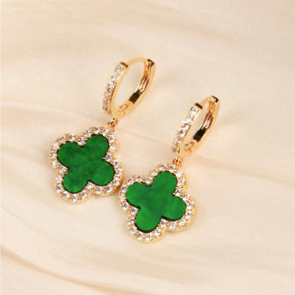 Four Leaf Green Clover 14k gold plated with Rhinestone hoops earrings